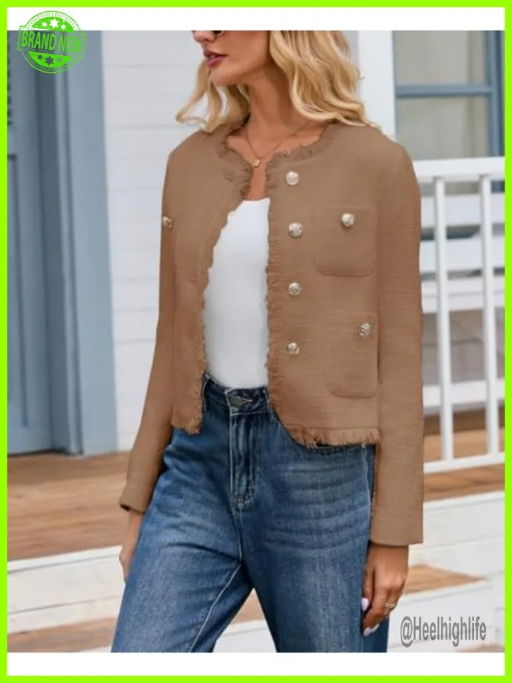 Cropped Tweed Blazer Jacket for Women - Collarless Long Sleeve Button Down Work